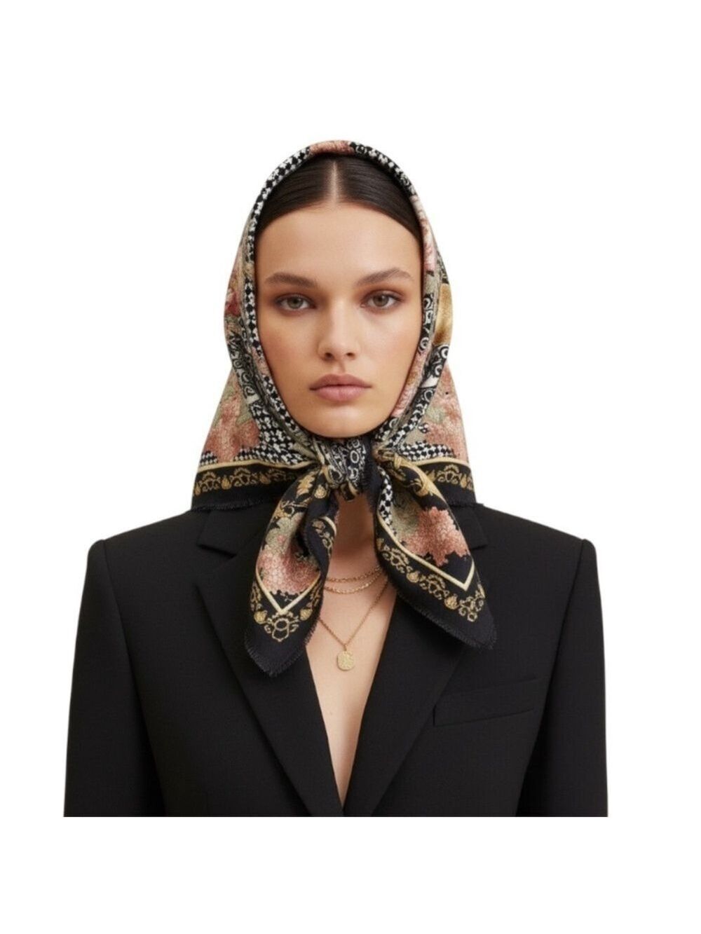 Italian made Baroque style dark blue white gold coral floral print scarf 34 X 34